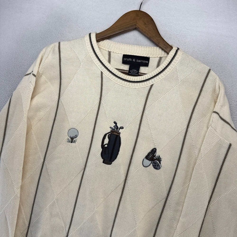 Vintage Golf Sweater Men's Large Beige Croft Barrow Argyle Embroidered USA 90s